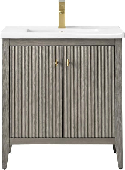 Vanity Art 30 inch Bathroom Vanity with Single Sink & Ceramic Top, Vanity Cabinet with Soft-Closing Door, Solid Wood Frame, Linear Pattern, Driftwood Gray, Golden Brushed Handware VA9130-DG-GB