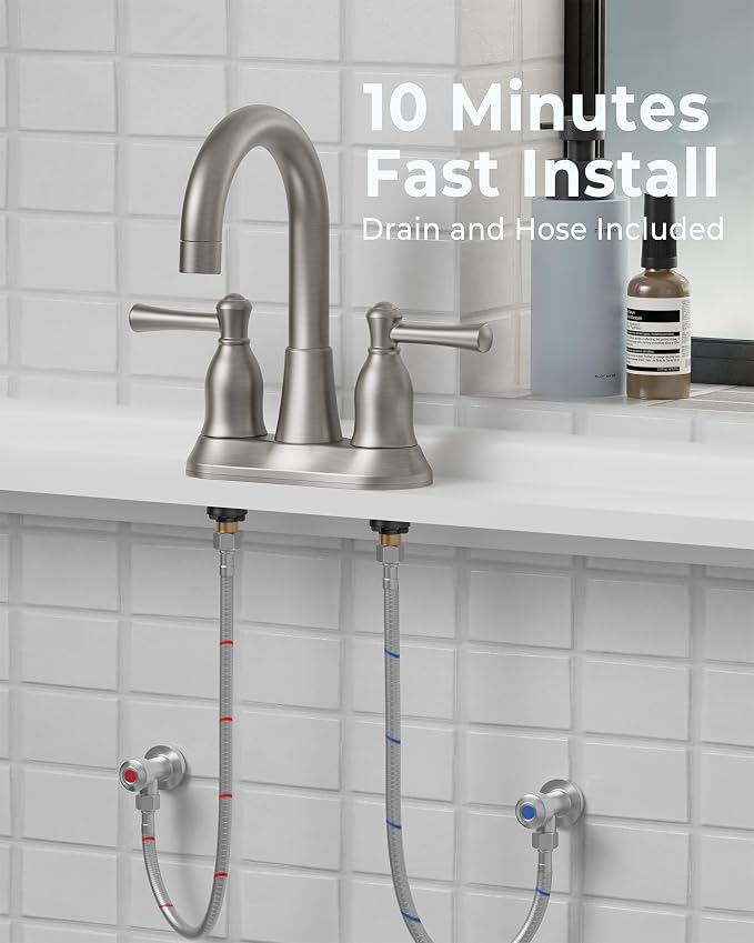 VXV Bathroom Sink Faucet 4 Inch 2 Handle Vintage Antique Lavatory Vanity Mixer Tap 360 Rotating with Pop-up Drain and Water Hoses Brushed Nickel