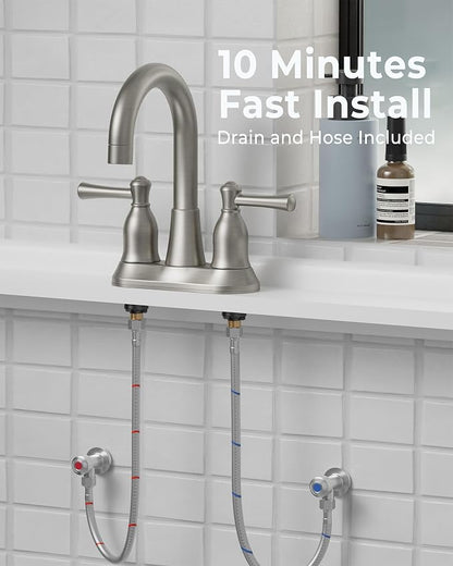 VXV Bathroom Sink Faucet 4 Inch 2 Handle Vintage Antique Lavatory Vanity Mixer Tap 360 Rotating with Pop-up Drain and Water Hoses Brushed Nickel
