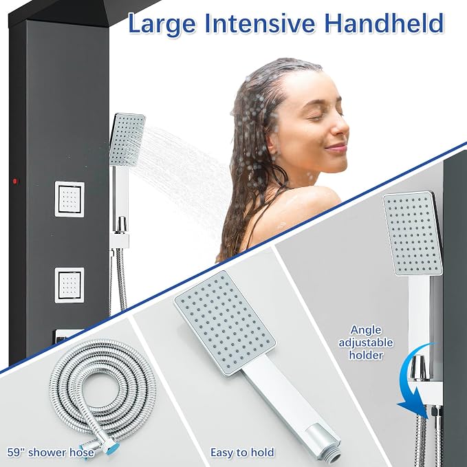 AlenArt Stainless Steel LED Shower Panel Tower System, Bathroom 5-Function Shower Panel Tower with LED Rainfall Waterfall Shower Head, Massage Jets, Tub Spout, Handheld Shower, Black-8126