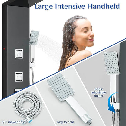 AlenArt Stainless Steel LED Shower Panel Tower System, Bathroom 5-Function Shower Panel Tower with LED Rainfall Waterfall Shower Head, Massage Jets, Tub Spout, Handheld Shower, Black-8126