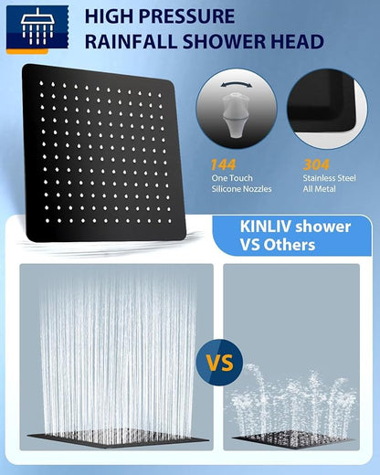 All Metal Matte Black Rainfall Shower Head with Extension Arm, 12" Large Rain Square Showerhead with 16" Long Shower Arm Stainless Steel, 144 Silicone Nozzles Waterfall Full Body Coverage