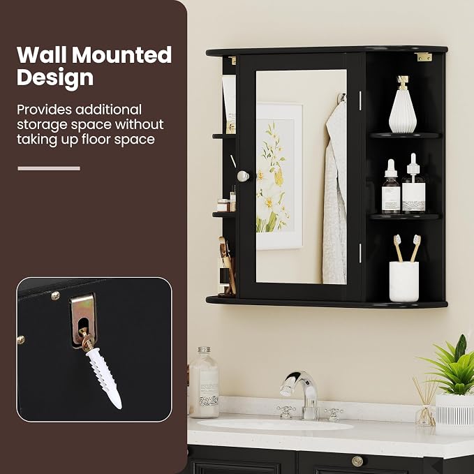 GIANTEX Bathroom Mirror Cabinet (Black) | Wall Mounted Medicine Cabinet with Mirrored Door & 4 Interior Shelves, 6 Open Shelves, Space-saving Storage Cabinet