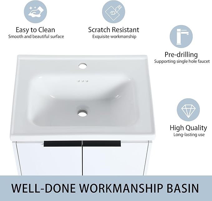 24 Inch Bathroom Vanity with Sink Combo,24'' Floating Bathroom Vanity with Sink, Modern Wall Mounted Cabinet Set with 12'' Side Cabinet Combo,White