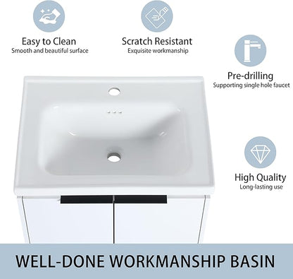 24 Inch Bathroom Vanity with Sink Combo,24'' Floating Bathroom Vanity with Sink, Modern Wall Mounted Cabinet Set with 12'' Side Cabinet Combo,White