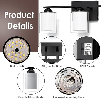 Quntis Black Bathroom Lighting Fixtures Over Mirror with 5 Color Modes, 3 Light Dimmable LED Bathroom Vanity Light, with Eye Care Milk White Frosted Glass, 21W Energy Saving, 16 Inch (Bulbs Included)
