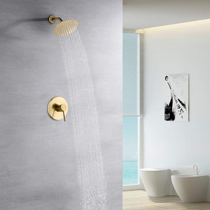 SUMERAIN Shower Faucet Set Brushed Gold Single Handle, 8 Inches | with Anti-scald Pressure Balance Valve, Extra-thin High Pressure Rain Shower Head, Non-return Check Valves