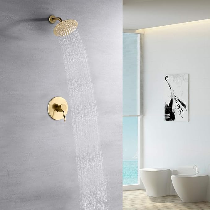 SUMERAIN Bathroom Brushed Gold Shower Faucet Set 8 Inches | Stainless Steel High Pressure Rain Shower Head, Solid Brass Rough In Valve, Single Handle, Modern