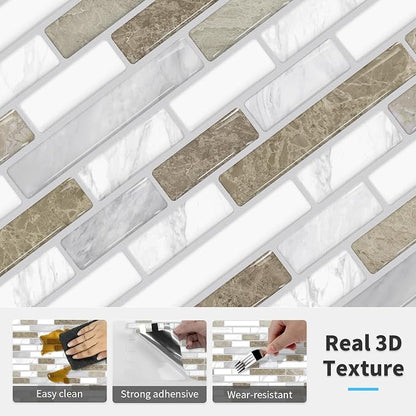 URCOLOR 10-Sheet Peel and Stick Backsplash Tile for Kitchen, 12”×12” Stick on Wall Tile for Bathroom, Beige & White