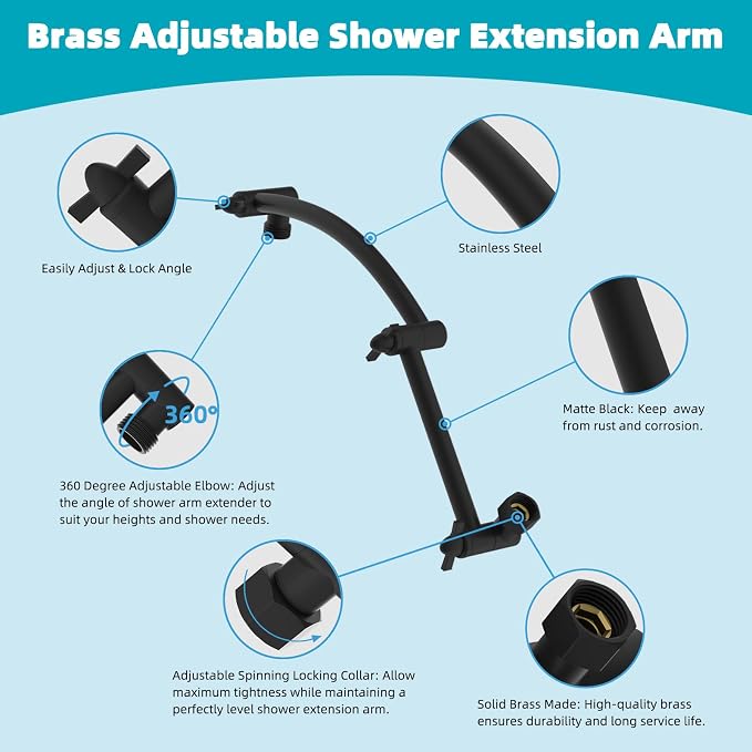 Hibbent Rain Shower Head, 13'' High Pressure Rainfall 5 Spray Mode Showerhead with 16" Shower Head Extension Arm, Solid Brass Adjustable Shower Arm Extender, Waterfall fixed Showerheads, Matte Black