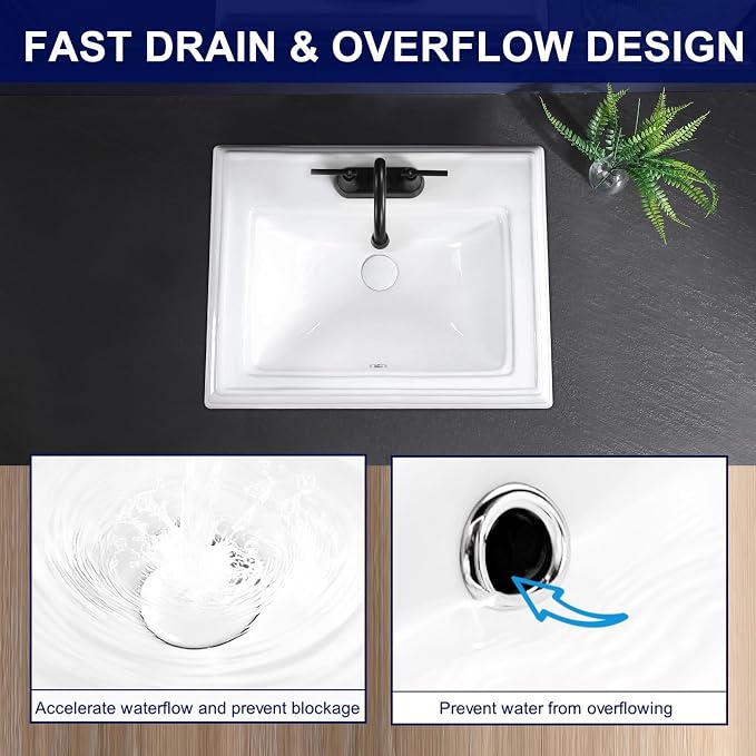 23.2"x18.3" Drop In Bathroom Sink with 3 Faucet Holes - 4 Inch Centerset Semi Recessed Rectangular Vessel Sink White Porcelain Ceramic with Overflow and Three 1.18" Faucet Holes for Vanity Top
