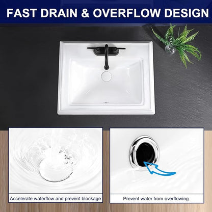 23.2"x18.3" Drop In Bathroom Sink with 3 Faucet Holes - 4 Inch Centerset Semi Recessed Rectangular Vessel Sink White Porcelain Ceramic with Overflow and Three 1.18" Faucet Holes for Vanity Top