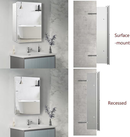 Bathroom Medicine Cabinet with Mirror, 16x20 Inch Small Mirror Cabinet, Assembly Needed, Aluminum Alloy Frame with Mirror, Surface or Recessed Medicine Cabinet with Removable Glass Shelves