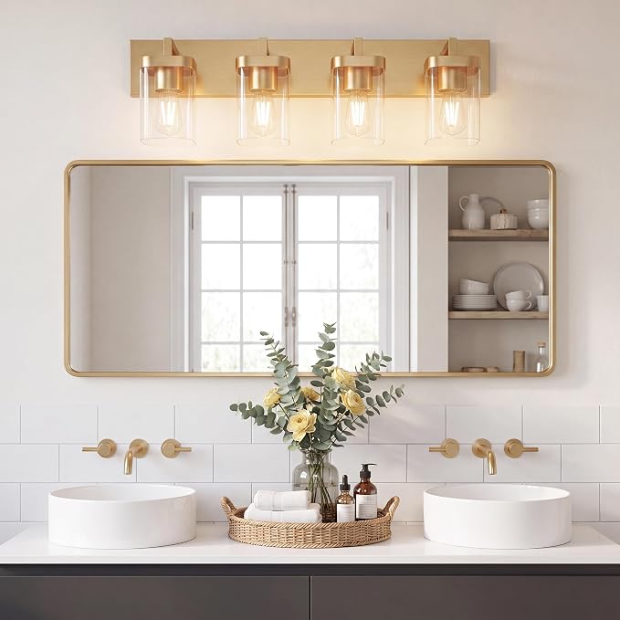 Bathroom Lighting Fixtures Over Mirror, Square Design & Rectangle Large Backplate, 4 Lights Modern Vanity Lighting Fixtures, Bathroom Light Fixtures for Bathroom/Living Room/Bedroom, Gold