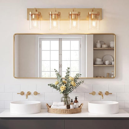 Bathroom Lighting Fixtures Over Mirror, Square Design & Rectangle Large Backplate, 4 Lights Modern Vanity Lighting Fixtures, Bathroom Light Fixtures for Bathroom/Living Room/Bedroom, Gold