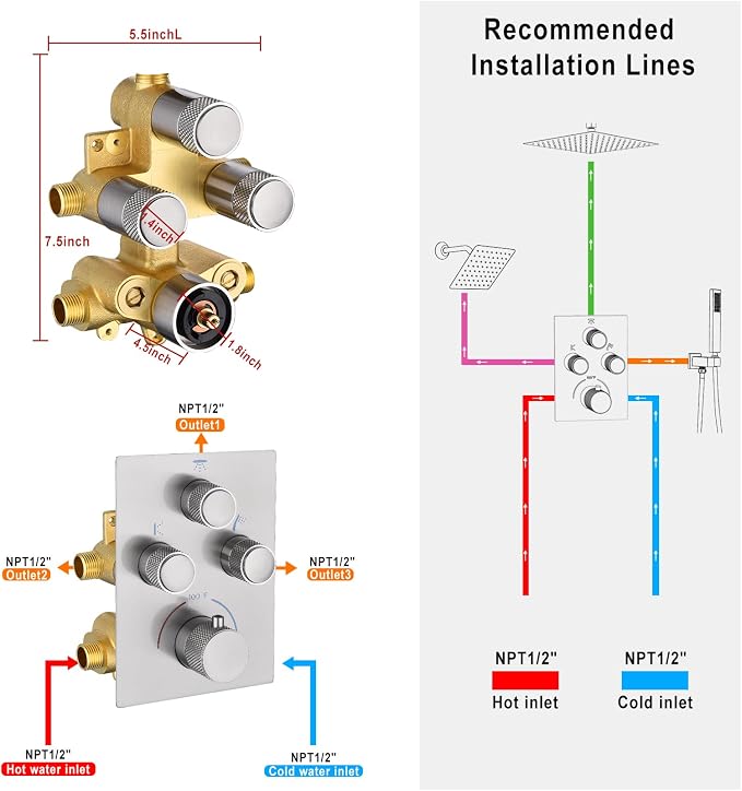 Dual Shower Heads Shower System with 16" Ceiling Mounted Rain Shower Head & 6" Wall Mounted Head Full Body Shower System 3 Way Thermostatic Shower Valve Can All Run Together, Brushed Nickel