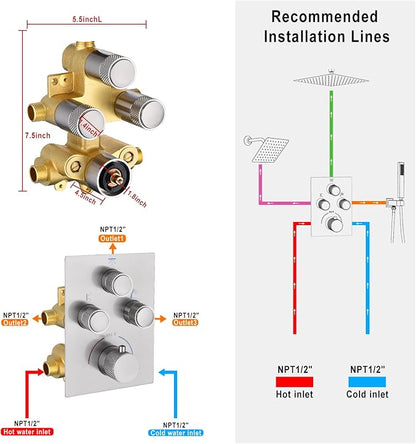 Dual Shower Heads Shower System with 16" Ceiling Mounted Rain Shower Head & 6" Wall Mounted Head Full Body Shower System 3 Way Thermostatic Shower Valve Can All Run Together, Brushed Nickel