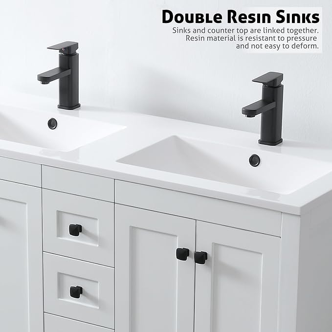 LUCKWIND 48" Bathroom Vanity and Sink Combos, Modern Bathroom Storage Painted Cabinet with Undercounter Resin Dual Sink Top, Matte Black Faucet and 6 Drawers, Mirror Not Included, White