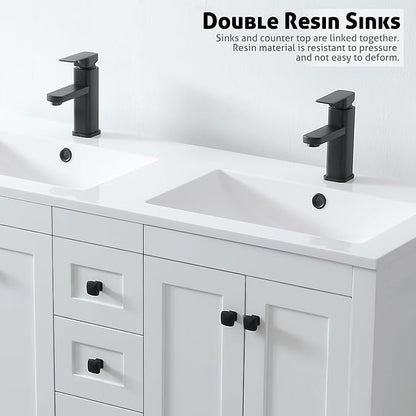 LUCKWIND 48" Bathroom Vanity and Sink Combos, Modern Bathroom Storage Painted Cabinet with Undercounter Resin Dual Sink Top, Matte Black Faucet and 6 Drawers, Mirror Not Included, White