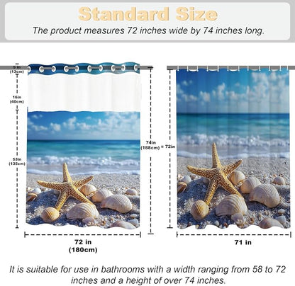 Modern Ocean No Hook Shower Curtain Coastal Tropical Summer Kids Seashell | Nature No Hook Shower Curtain with Snap in Liner, Waterproof Ringless Shower Curtains for Bathroom 72x74 Inch Blue
