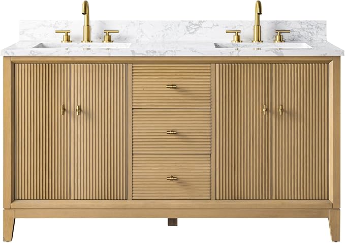 Vanity Art 60" Bathroom Vanity with Double Sink & Arabescato White Engineered Stone Top, Vanity Cabinet with Soft Closing Door, Solid Wood Frame, Golden Brushed Handles, Natural Oak VA8160D-NO-GB