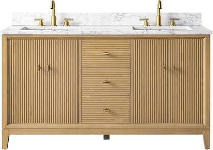 Vanity Art 60" Bathroom Vanity with Double Sink & Arabescato White Engineered Stone Top, Vanity Cabinet with Soft Closing Door, Solid Wood Frame, Golden Brushed Handles, Natural Oak VA8160D-NO-GB