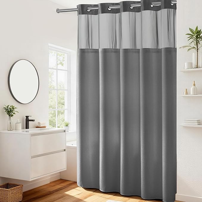 River Dream Heavyweight Waffle No Hook Shower Curtain with Liner,Gray,71x86 | Dotted Waffle,Snap-in Liner,Heavy Duty,Quick Dry,Mesh Top Window,With Bottom Magnets,Hotel-Grade,Washable,Extra Long Size