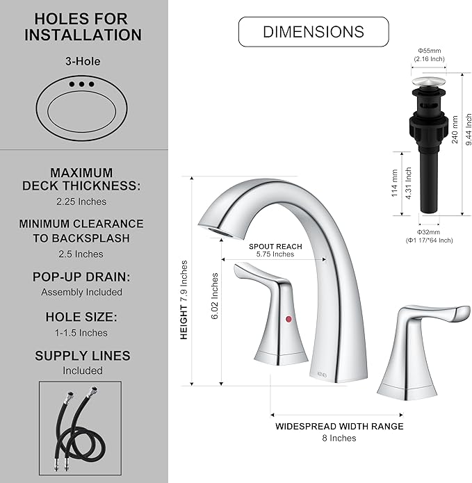 KENES Bathroom Faucets for Sink 3 Hole, Chrome 8 Inch 2 Handle Widespread Bathroom Faucet, Bathroom Vanity Faucet with Pop Up Drain & Supply Lines, LJ-9075-5