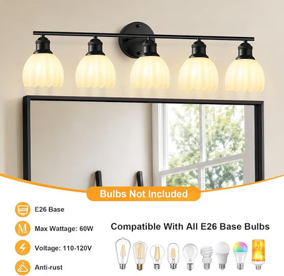 Bathroom Light Fixtures, 5-Light Brushed Black Vanity Lights for Bathroom with White Tulip Glass Shade, 30" Vintage Bathroom Vanity Lighting Fixtures Over Mirror for Bedroom Living Room Hallway