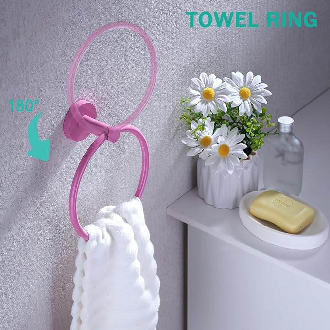 Pink Bathroom Hardware Set,5 Pieces Bathroom Towel Bar Set,24 inch Towel Bar,Towel Ring for Bathroom,Robe Towel Hooks,Toilet Paper Holder Wall Mounted(Drilling),SE96006S-5PK