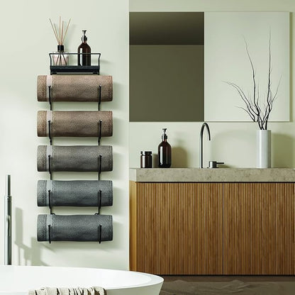 Sorbus Bathroom Towel Holder - 5 Tier Metal Towel Rack with Wood Shelf for Rolled Bath Towels, Washcloths, Linens, Hand Towels, Soaps & Accessories - Wall Mounted Towel Rack for Bathroom Towel Storage
