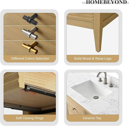 HOMEBEYOND 60" Bathroom Vanity with Single Sink, Solid Wood Bathroom Vanity Free-Standing Cabinet, Ceramic Top & Soft Closing Door, Golden Brushed Handware, Natural Oak