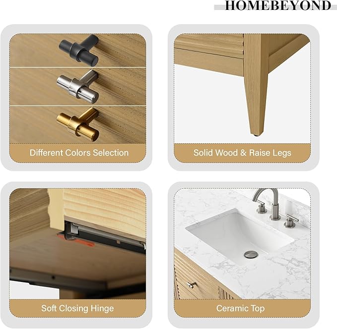 HOMEBEYOND 42" Bathroom Vanity with Sink, Solid Wood Bathroom Vanity Free-Standing Cabinet, Drawers, Ceramic Top & Soft Closing Door, Golden Brushed Handware, Natural Oak