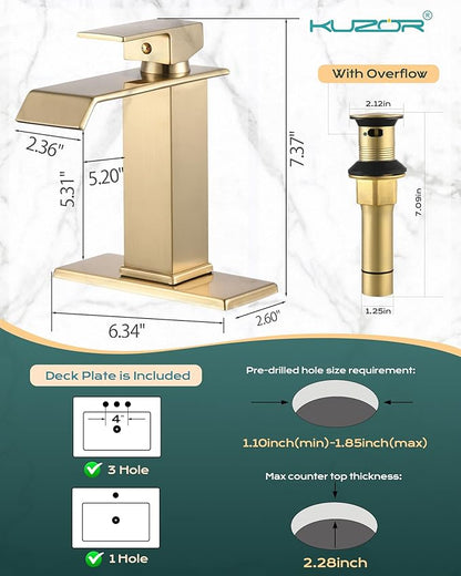 Gold Waterfall Bathroom Sink Faucet, Brushed Gold Finish, Single Handle, 1 or 3 Hole Installation, Metal Pop Up Drain, 23.6-inch Hoses, 3/8 Inch Compression Threads