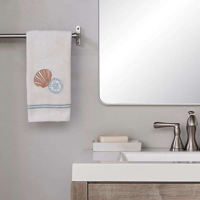 SKL Home Shells Hand Towel Set-2pc, 100% Cotton, Embroidered, White | Soft, decorative velour. For use in the bathroom, kitchen or bar. Great for Airbnb, beach homes & coastal décor