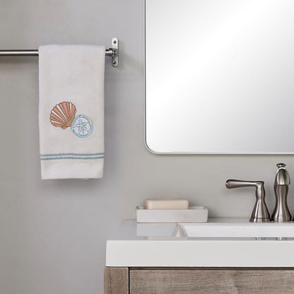 SKL Home Shells Hand Towel Set-2pc, 100% Cotton, Embroidered, White | Soft, decorative velour. For use in the bathroom, kitchen or bar. Great for Airbnb, beach homes & coastal décor