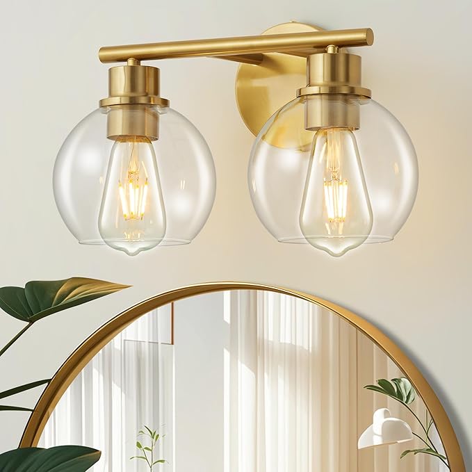 Bathroom Light Fixtures Over Mirror 2-Lights Bathroom Vanity Light with Clear Glass Shade 13.8 inch Gold Wall Sconce Brushed Brass Vanity Lighting Bathroom Light for Bath