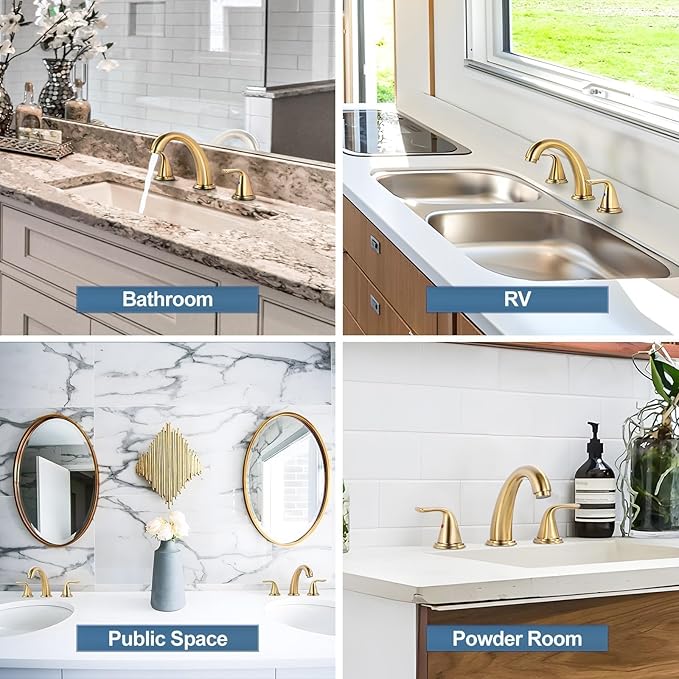 Bathroom Sink Faucet 3 Holes Gold, ALEASHA Widespread Bathroom Faucets, Faucet with Pop Up Drain, Faucets with 304 Stainless Steel Lead-Free Hose
