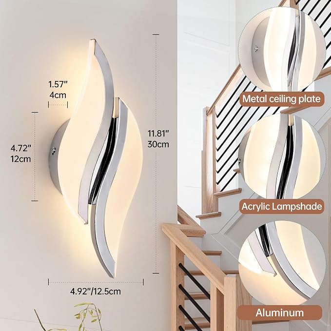 CANEOE Modern LED Wall Sconce 6000K Chrome Indoor Wall Light Fixtures Acrylic Wall Sconce Lighting for Living Room Bedroom Bedside Bathroom Hallway Stairway Wall Lamp (Chrome, 1 Pack, 3000K)