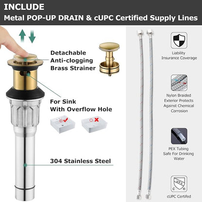 Brushed Gold Widespread Bathroom Sink Faucet 8 Inch for Vanity | with All Metal Pop Up Drain, High Arc 2 Handle Lead-Free Deck Mount Bathroom Faucet for 3 Hole Lavatory Utility Sink