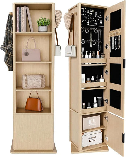 360° Rotating Makeup Jewelry Armoire Cabinet, Mirror Jewelry Cabinet Standing with a Full-Length Mirror, Storage Cabinet a Coat Rack, 4 Layers of Open 2 Layers of Built-In Shelves for Bedroom