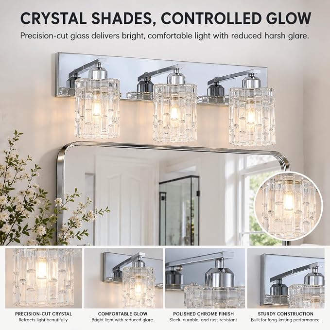 3-Light Crystal Vanity Light for Bathroom, Chrome Over Mirror Light Fixture, Modern Wall Mount for Living Room, Bedroom, Hallway