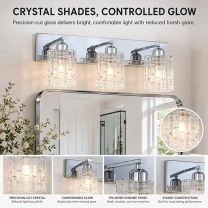 3-Light Crystal Vanity Light for Bathroom, Chrome Over Mirror Light Fixture, Modern Wall Mount for Living Room, Bedroom, Hallway