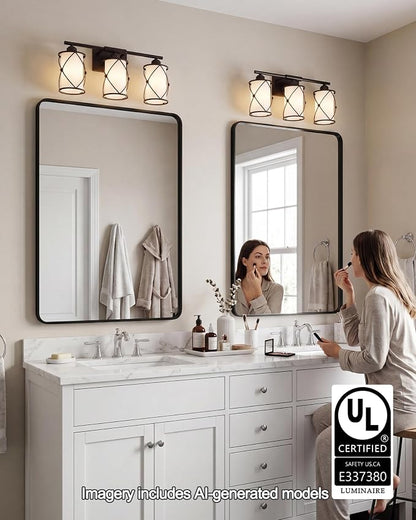 3-Light Oil Rubbed Bronze Bathroom Light Fixtures Over Mirror, 21" UL-Listed Modern Farmhouse Wall Sconce Lights with Milk White Frosted Glass and Metal Cage for Bath, E26, CH9176ORBW-3W