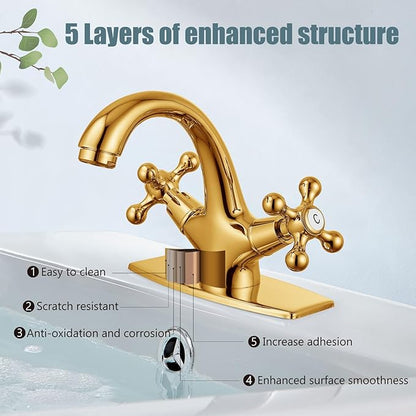 Aolemi Bathroom Sink Faucet Single Hole Cold and Hot Double Handle Cross Knobs Vanity Vessel Sink Basin Mixer Tap with Deck Cover Plate with Pop Up Drain Polish Gold