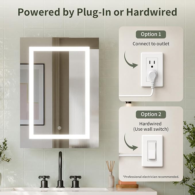 DeerValley LED Lighted Bathroom Medicine Cabinet with Mirror, 20''x28'' | Wall Mounted Mirror Cabinet with Socket, Dimmable Light, Anti-Fog, Adjustable Shelf, DV-1MC0498