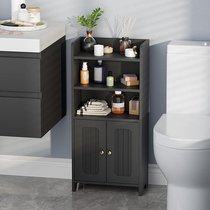 BEWISHOME Bathroom Storage Cabinet,Small Floor Cabinet,Toilet Paper Cabinet | with 2 Doors and Shelves, Bathroom Organizers and Storage for Small Spaces, Black 7.9" D x 14.6" W x 31" H YYG08B