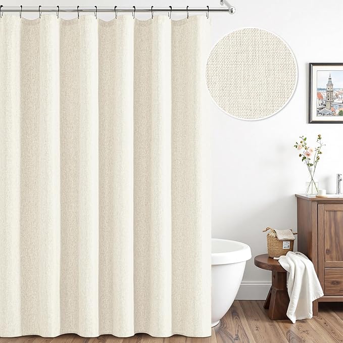 ANRODUO Ivory Linen Textured Fabric Shower Curtain Set - W72xL84 | Farmhouse Shower Curtain with 12 Metal Hooks, Waterproof Heavy Duty, Button Hole Design, Machine Washable for Bathroom
