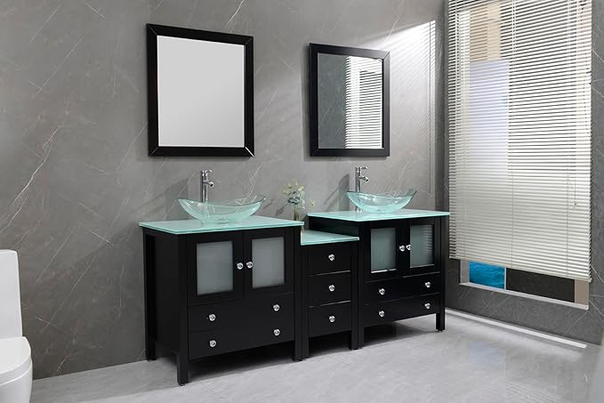 76" Freestanding Wooden Modern Bathroom Vanity with Double Vessel Sink Set Bathroom Mirror Included