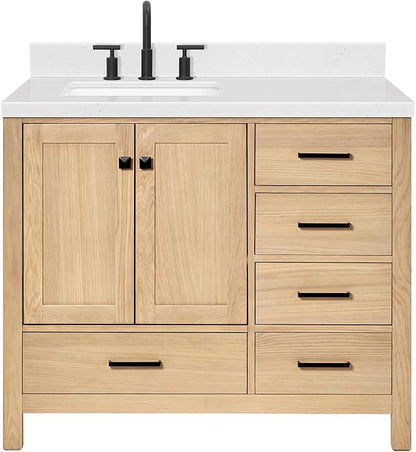 ARIEL 42 inch Bathroom Vanity top with Sink, 1.5 Inch Thick Miter Edge Carrara White Quartz top, Left Offset Vanity top with Rectangle Porcelain Sink, Includes Backsplash